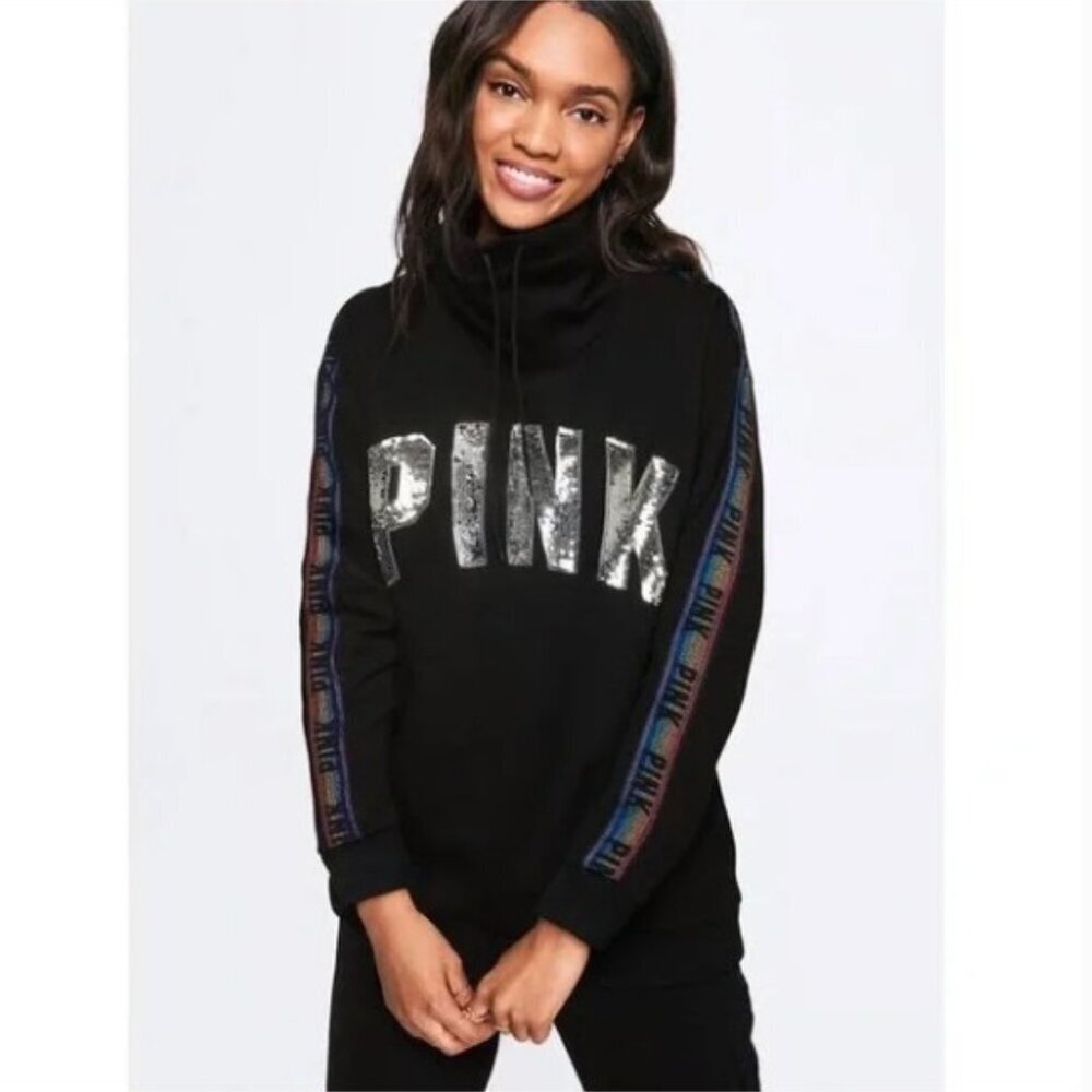 VS PINK Gold & Silver Reversible Sequin Sweatshirt Funnel Neck Black Size XS